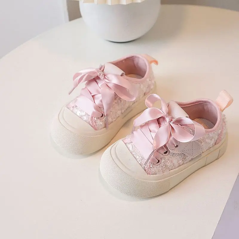 Zapatillas de encaje de princesa para niñas pequeñas, zapatos informales de 14-16CM, color rosa y Beige, suave y entrelazado, para otoño y primavera