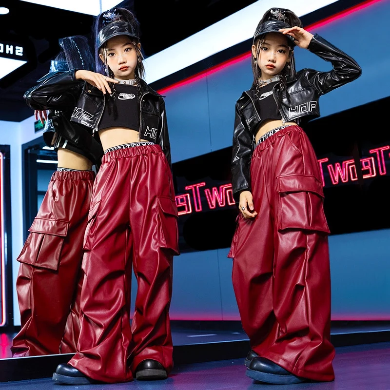 2024 novos trajes de dança hip hop para meninas casaco preto calças de couro vermelho streetwear terno crianças moderno jazz roupas palco dqs17958