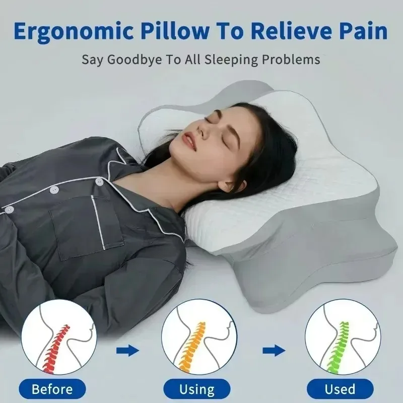 Travesseiro de Espuma Viscoelástica em Formato de Borboleta com Pressão Zero para Sono Profundo, Suporte para o Pescoço, Alívio de Pressão para Quem Dorme de Lado e Conforto
