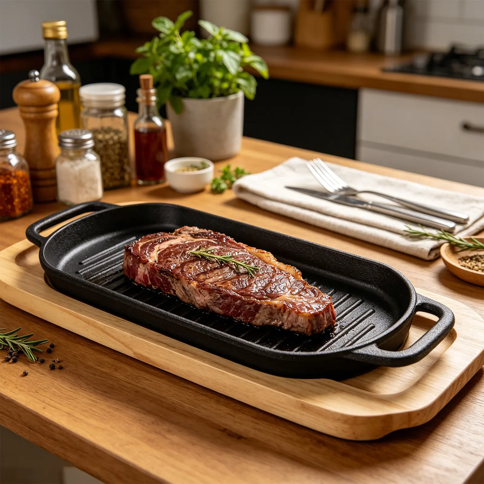 1Set Cast Iron Oval Sizzling Steak Plate 13.4x3.7x0.8 Teppanyaki Grill Griddle Pan Spillproof Edge Nonstick Wooden Base Handle