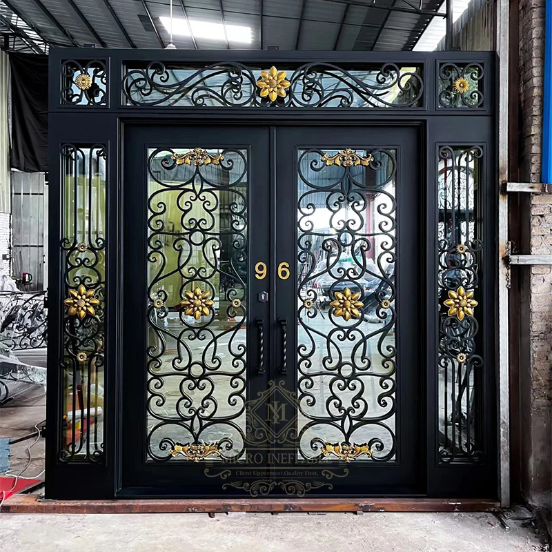 Porta de entrada dianteira exterior do aço da segurança para casas, painéis dobro balançando, ferro forjado, projeto luxuoso