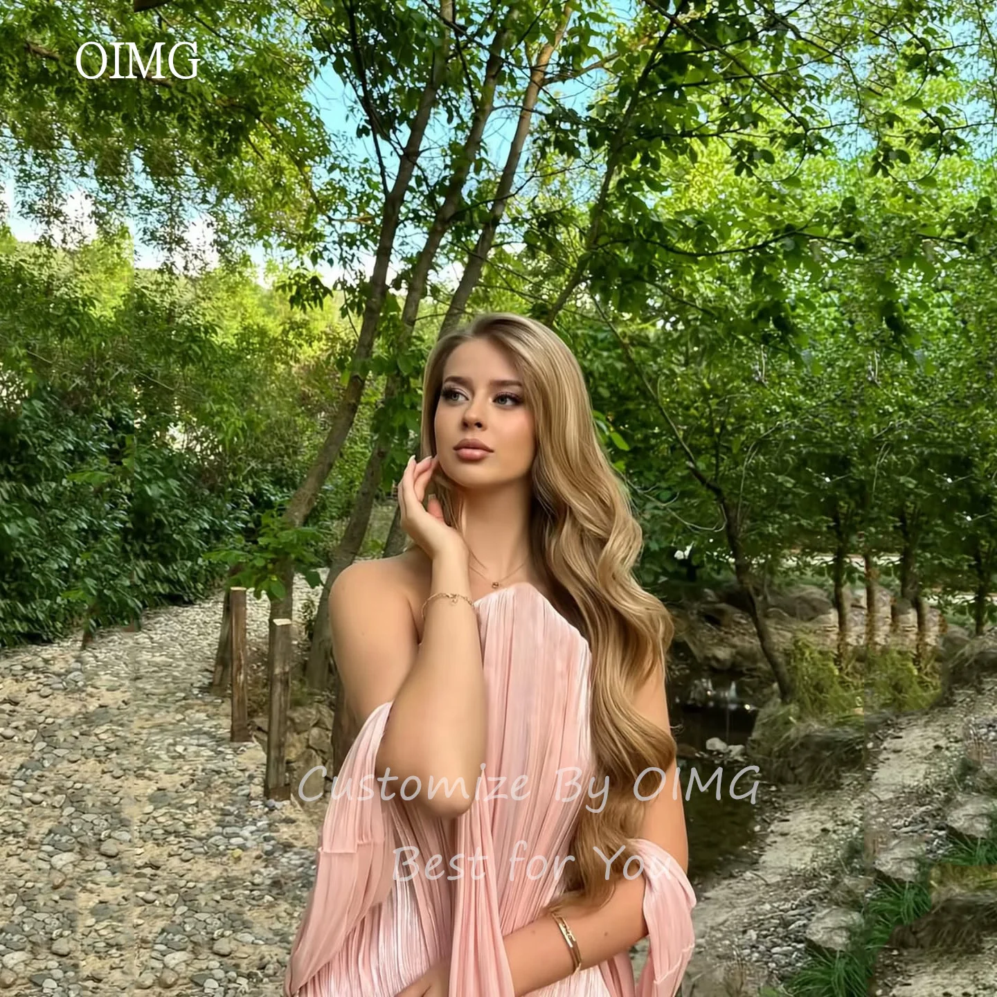 OIMG สีชมพูเงา A Line ชุดราตรีเปิดหลังจีบชุดราตรียาวชุดราตรีชุดราตรีแบบกำหนดเอง