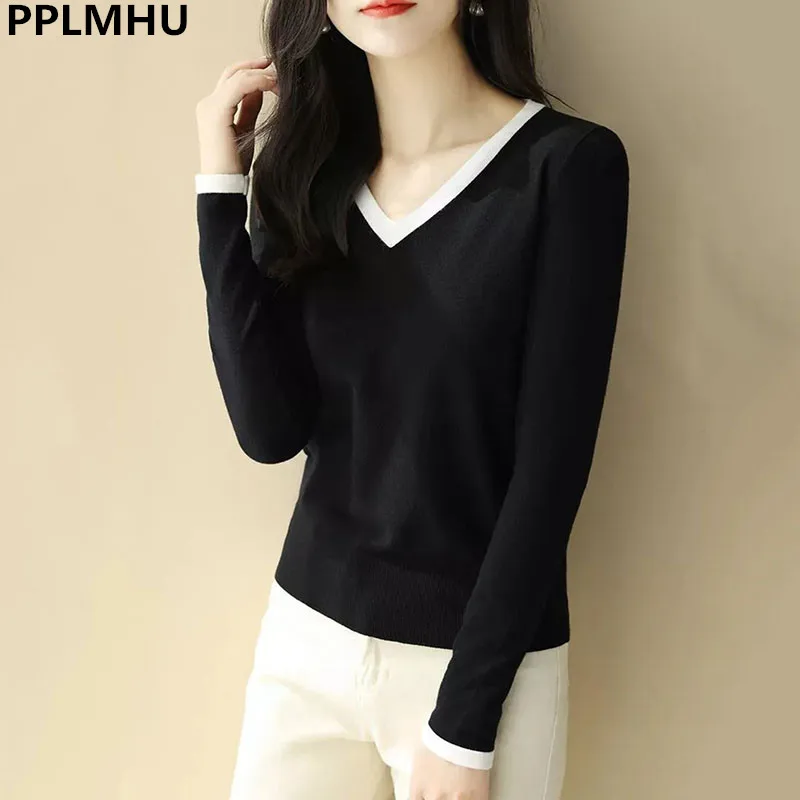 Oversize 80kg Women Vintage V-neck Knit Sweater Spring Casual Knitwear Top Korean Fashion Pullovers Slim Long Sleeve Jumpers New