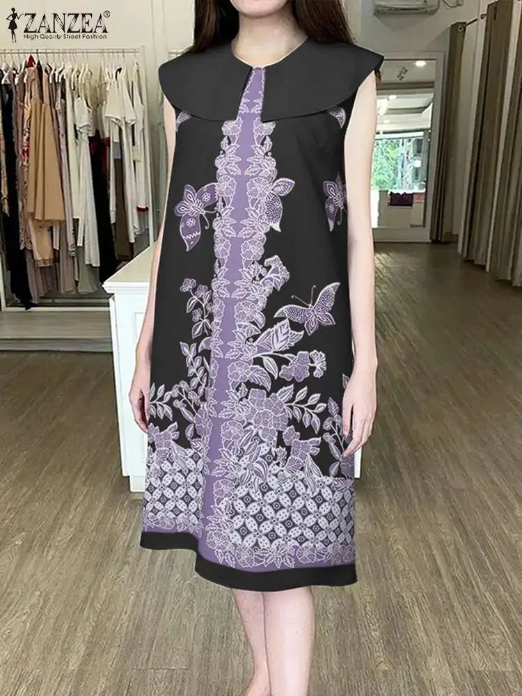 

ZANZEA Elegant Korean Female Vestidos Holiday Printing Sleeveless Dress Women Summer Loose Midi Sundress Casual Baggy Tank Dress