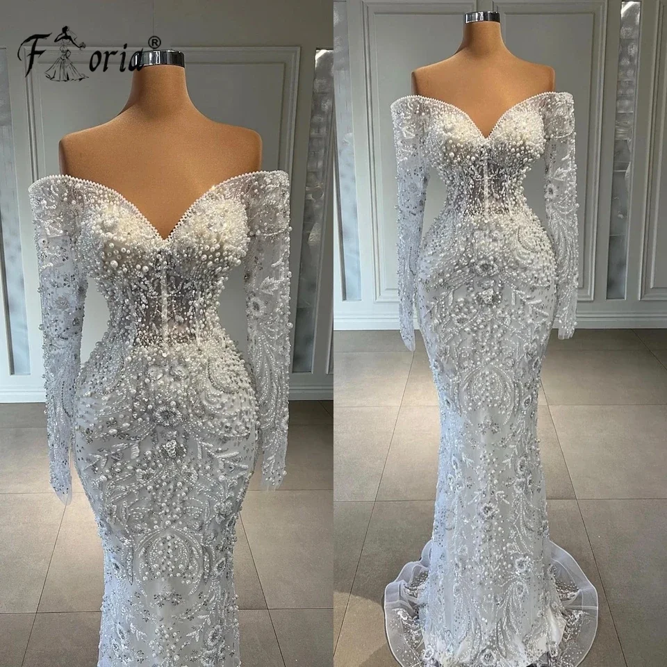 Lindo dubai sereia vestidos de noite formais grandes pérolas frisado rendas vestidos de festa de casamento árabe vestido de baile 2023 robe de soiree