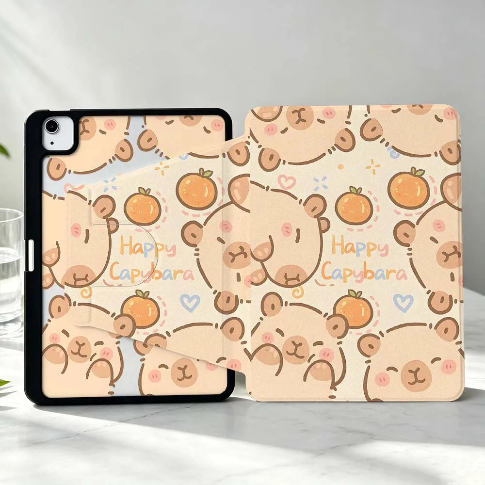 Capybara Pattern Soft For iPad Pro Air mini 6 5 4 12th M5 M4 M3 M2 A16 A17Pro 360° Rotation Stylus Storage Tablet Case