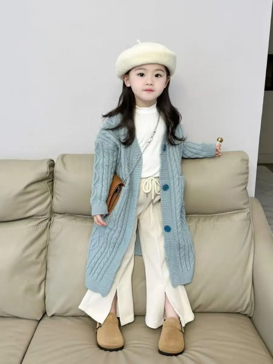 

Girls Autumn and Winter Knitted Sweater 2025 New Children's Foreign Style Fashionable Cardigan Sweater Baby Girl Long Coat