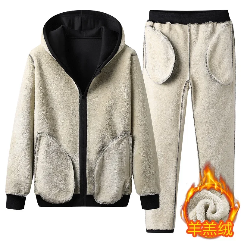 

2024 New Winter Plus Lamb Fleece Hooded Sweatshirt Set for Men's Casual Sports Pants with Thick Fleece for Youth Men's Clothing