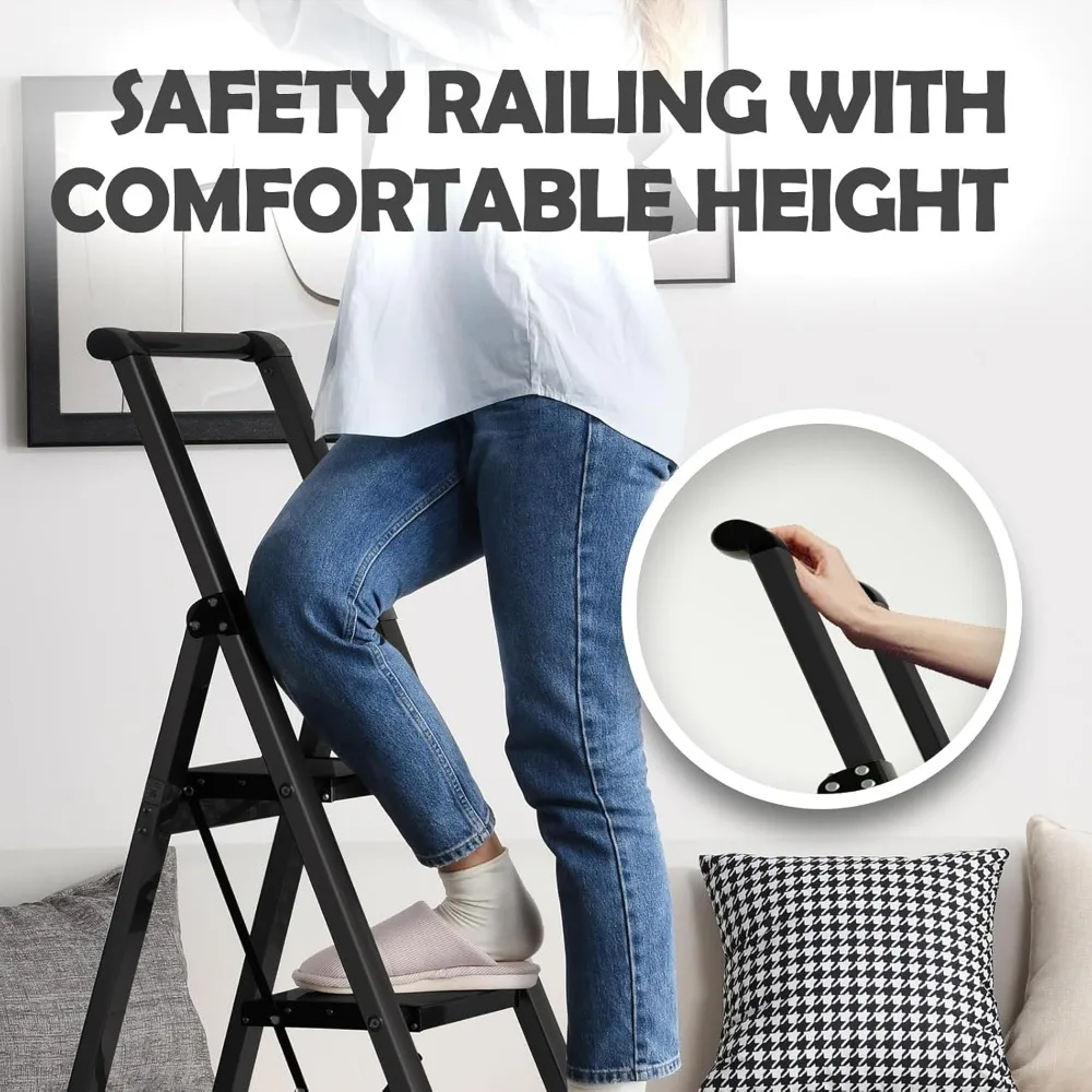 سلم ألومنيوم قابل للطي بثلاث خطوات، خفيف الوزن ومحمول مع مشاعل مضادة للانقسام، قبضة يد مريحة لسهولة الاستخدام والثبات