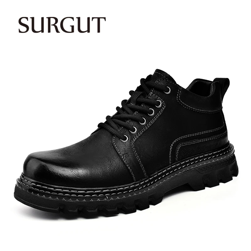 SURGUT Men Boots Leather Shoes Fashion Casual Trend Ankle Boots Autumn Winter Warm Plus Fur Thick Soled Tooling Version Shoes