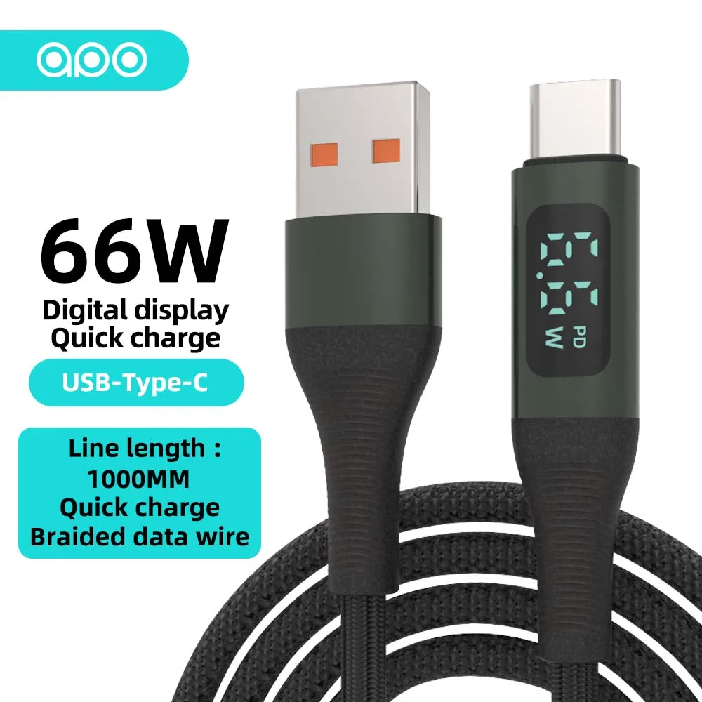 

Digital Display Data Line Nylon Braided Type C 6A Data Cables 66W USB to Type-C Fast Charging Charger Wire Cord Cable