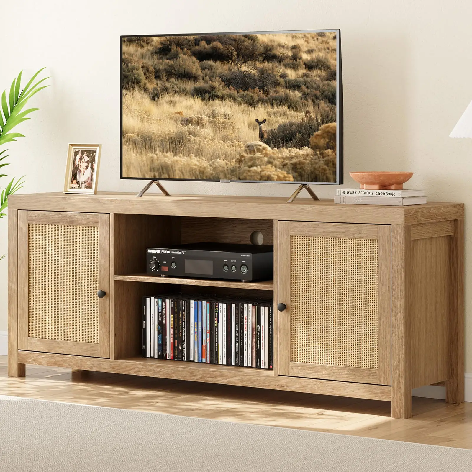 Rattan TV Stand, Boho with Adjustable Shelves, Natural Oak TV & Media Cabinet 2-Tier Storage for Living Room Bedroom