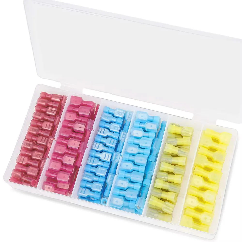 200pcs Nylon Spade Quick Disconnect Connector Kit Electrical Insulation Terminals, Male and Female Crimp Terminal Assortment Kit