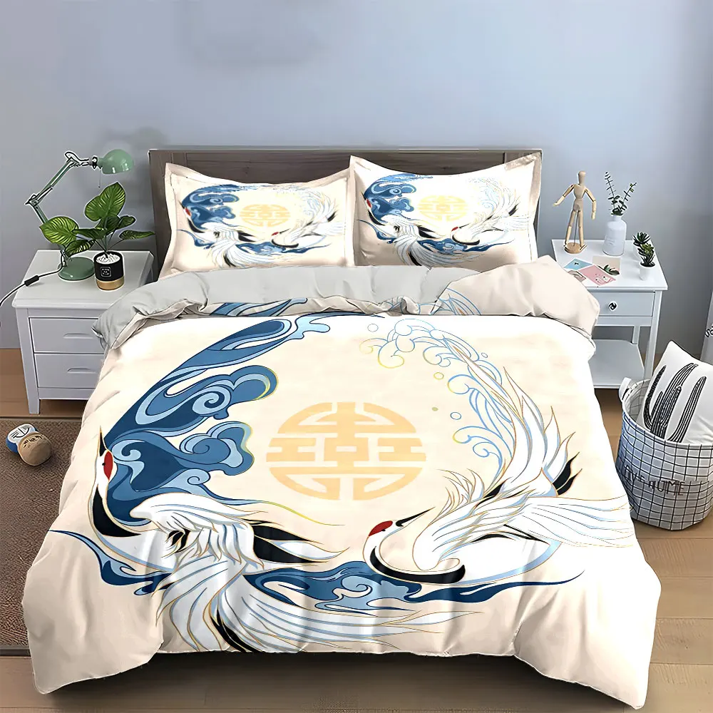 Elegant Crane Pattern Home Decor Bedding Set with 1 Duvet Cover 2 Pillowcases Single Double King Queen, Gift