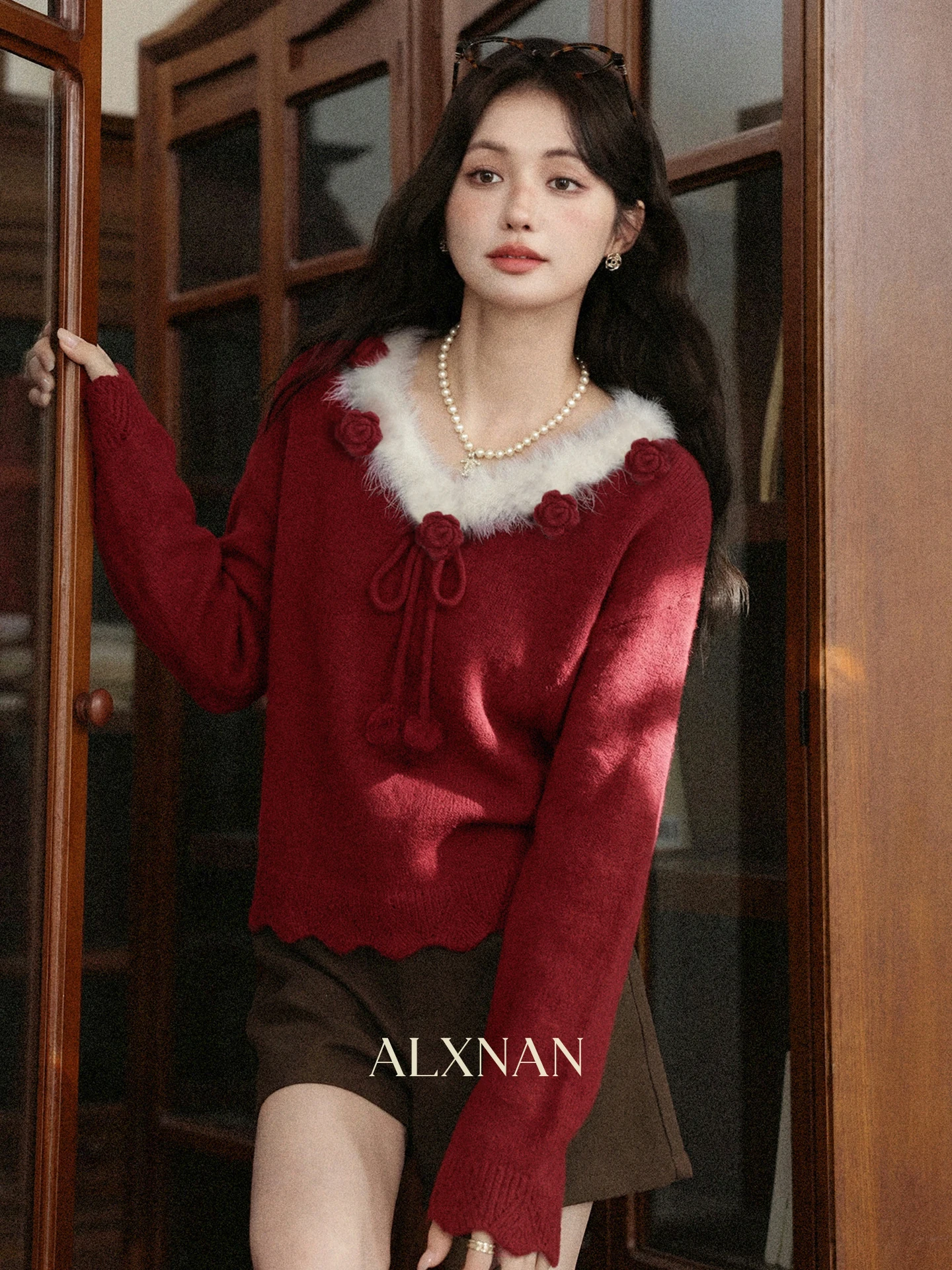 

Женский вязаный свитер South Deer Micro Drunken Rose из шерсти, красный, с дизайнерским узором, осенне-зимний, новогодний, свободного кроя, с длинными рукавами, круглый вырез