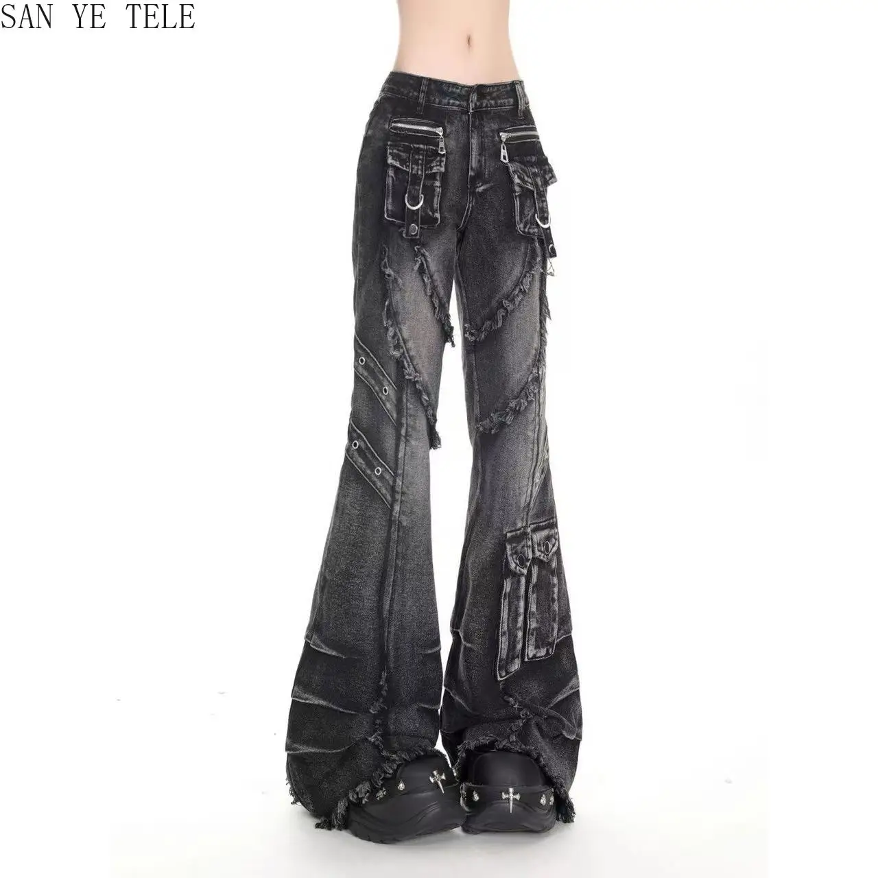 Women's Black Gothic Cargo Baggy Jeans Y2K American High Street 2000S Harajuku Aesthetic Vintage Jeans Pants Trousers Clothing