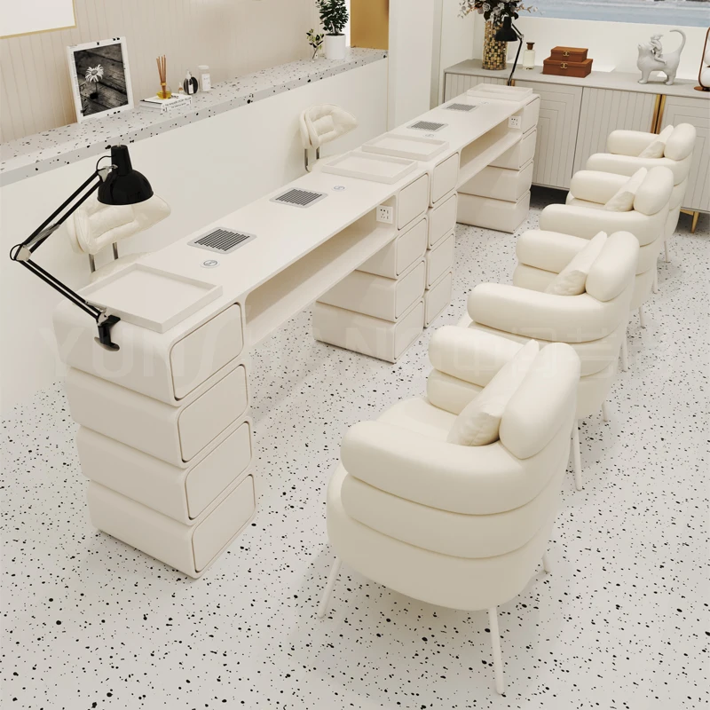 

Набор столов и стульев для дизайна ногтей с новым встроенным гнездом для пылесоса, беспроводной зарядкой и подсветкой для стрижки.