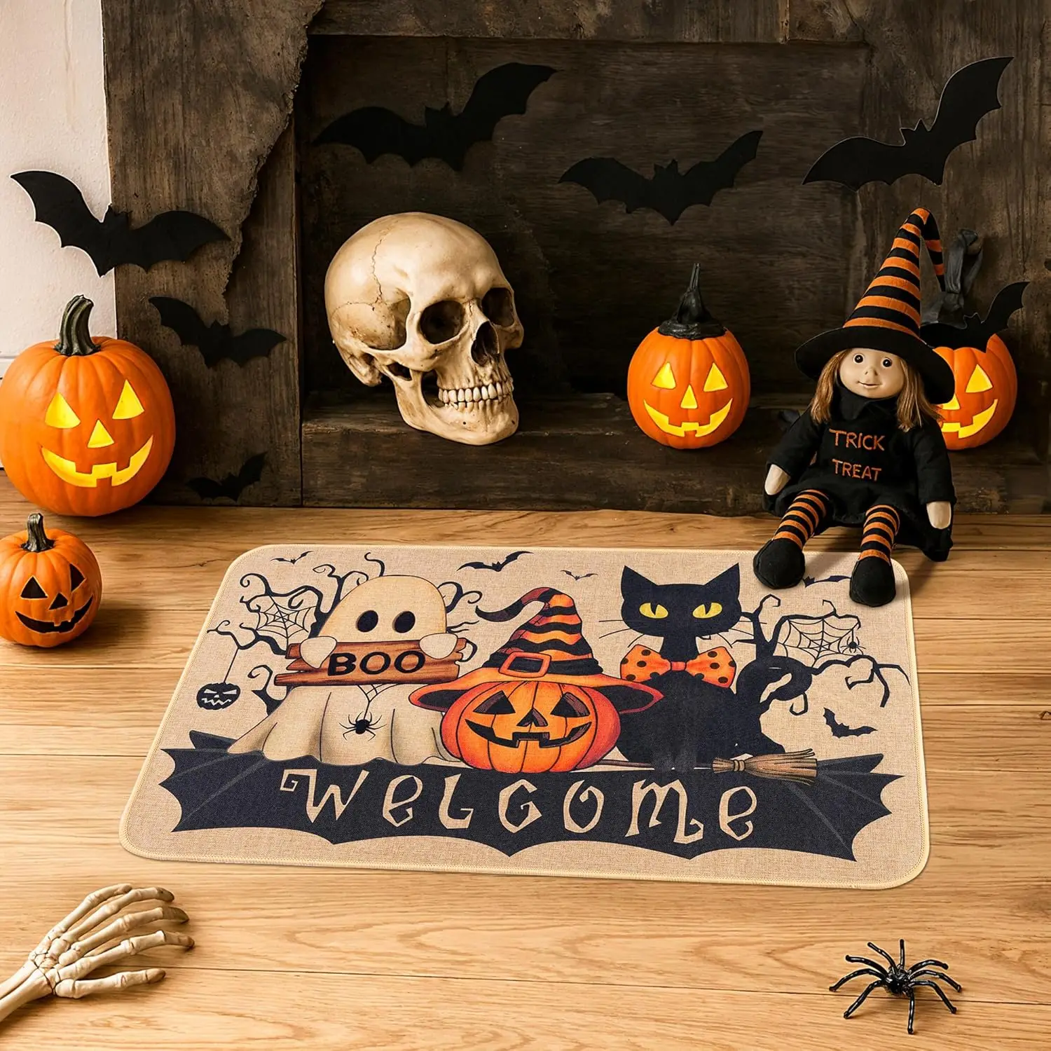 VIKAMA Halloween Welcome Mat Ghost Black Cat Indoor Outdoor Halloween Decorations Porch Entrance Hallway Kitchen Rug