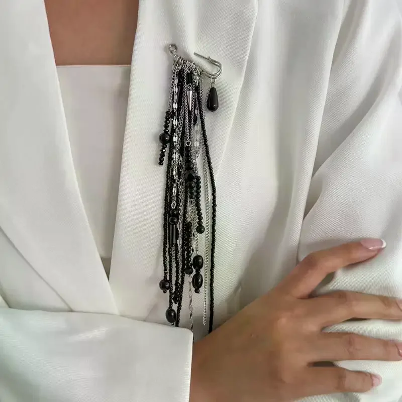 Exaggerated Imitation Crystal Tassel Chain Brooch Clothing Tie Pin Bead Fixed Ornament Banquet Party Jewelry Accessories Gifts
