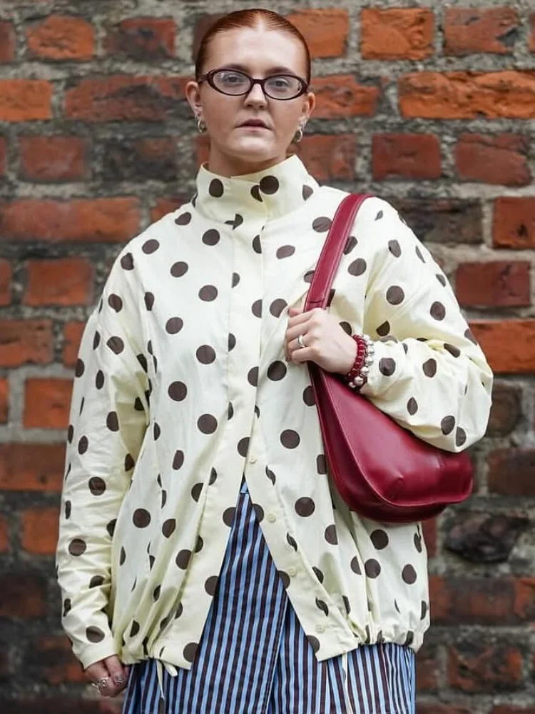 

Женская короткая куртка с принтом в горошек, модная элегантная однобортная свободная куртка с шикарным воротником, повседневная офисная верхняя одежда для поездок на работу