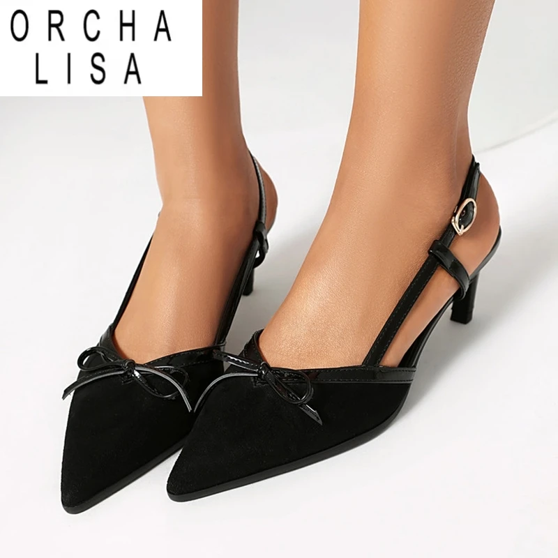 

ORCHA LISA Новые милые женские туфли-лодочки с острым носком 3 см на тонком низком каблуке с пряжкой из флока, замша, большой размер 42 43 46 48 US17 Обувь Черный Коричневый