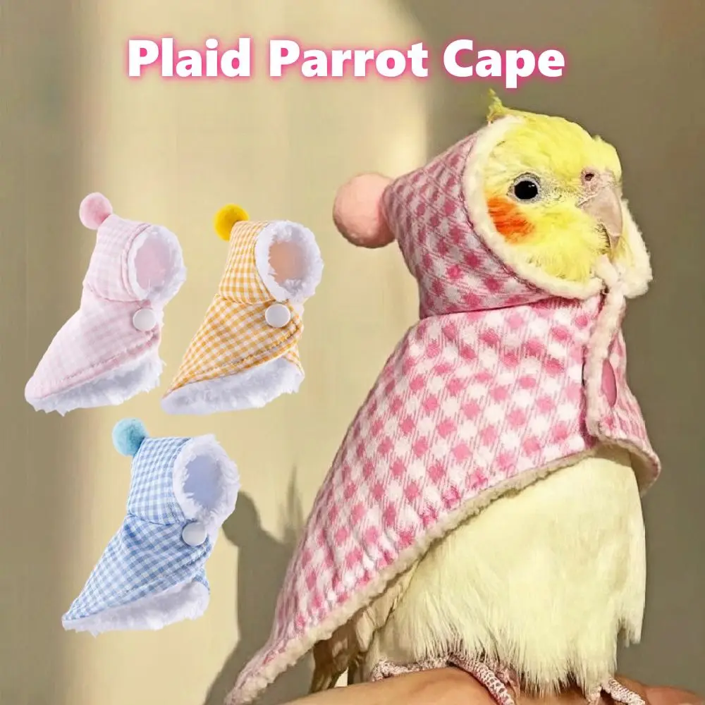 Trendy Winter Pet Parrot Cape Plaid Thickened Warm Cape Hat Kit Pink Blue Yellow Flight-Proof Parrot Clothes Pet Accessories