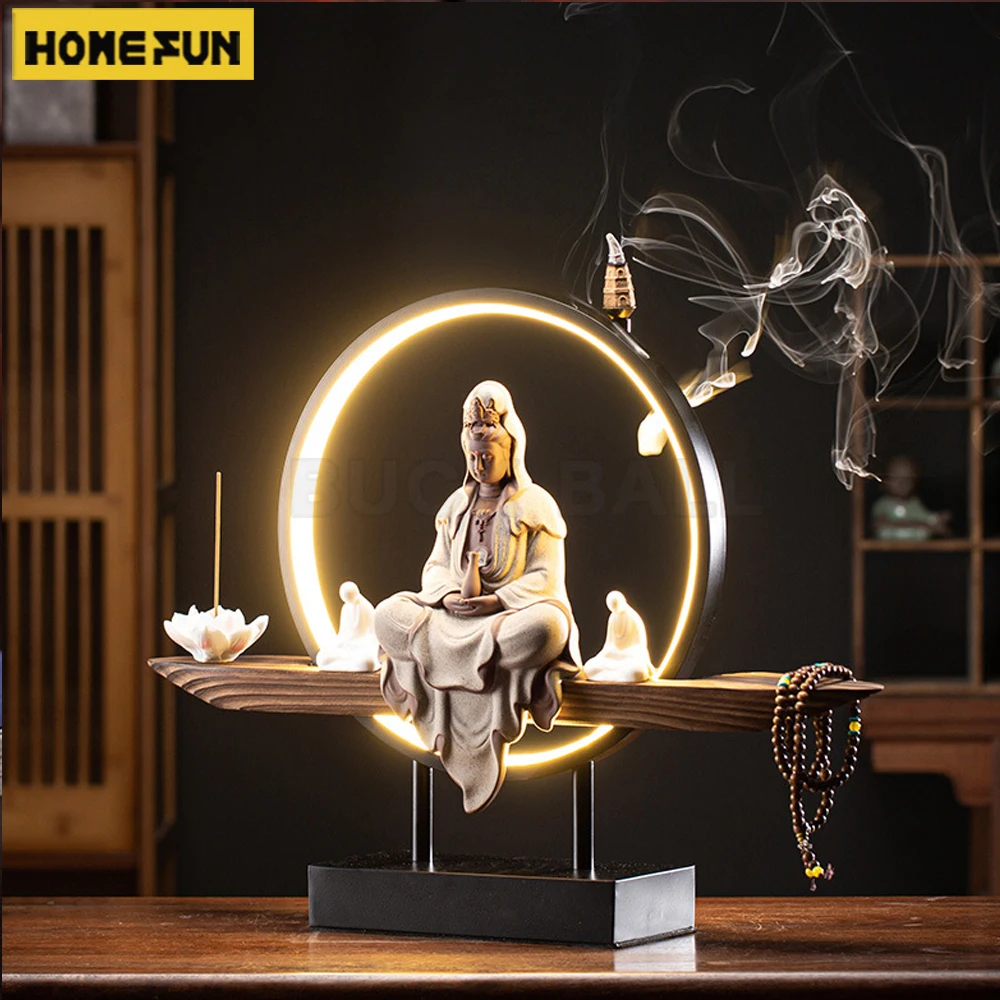 

large Buddha Guanyin Bodhisattva Statu Backflow Incense Ornaments Home Decor Ceramic Lamp Circle Living Room For Incense Porch