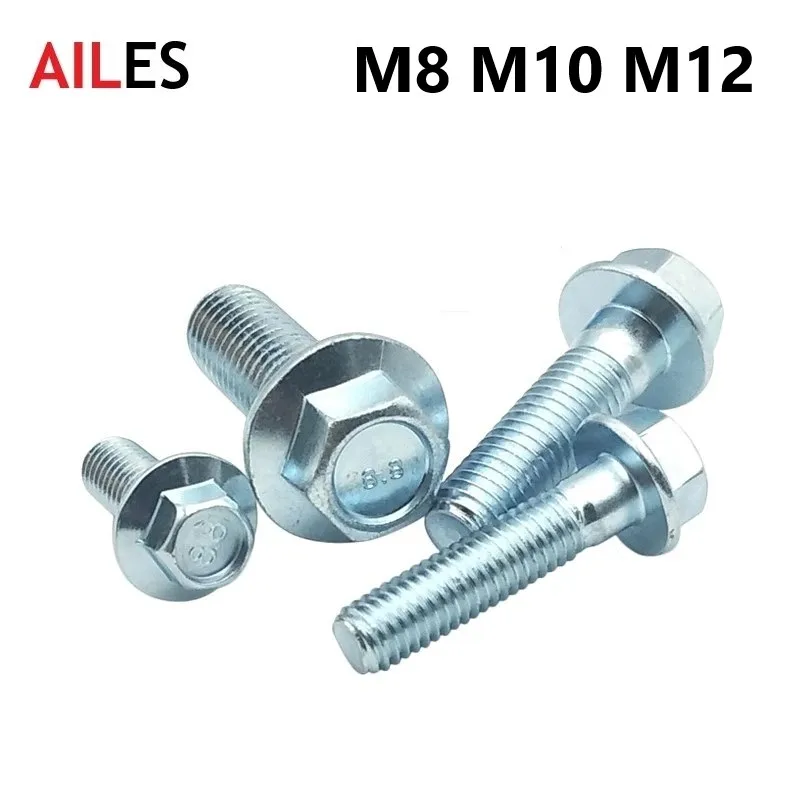 M8 M10 M12 External Hexagon Flange Bolts 8.8 Grade White Zinc Plated Hexagonal Flange Screws with Belt Pad  8 10 20 30 70 110mm