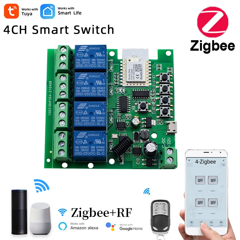 Zigbee 3.0 1 via RF Gateway Smart Switch 12V 24V AC DC WIFI Tuya Telecomando 433 Interruttore della luce 10A Rele Relè autobloccante