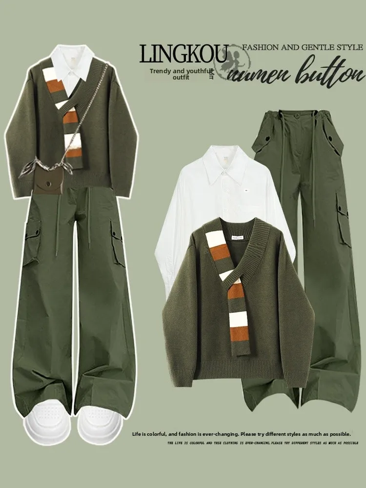 

Модный вязаный свитер, базовый слой, комплект из футболки и брюк для работы, большие размеры, осенний стиль, высокая талия, прямые...