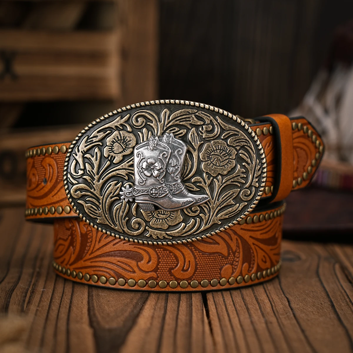 Men - Women - Western Denim - pu leather - Belt - Vintage jeans with floral carved buckle belt