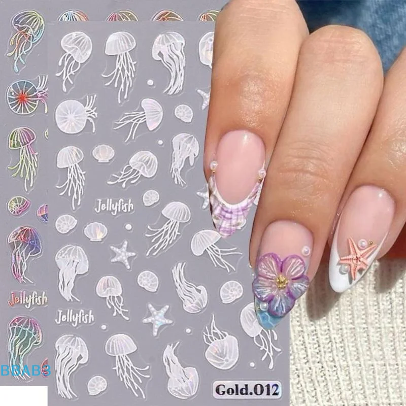 【B】pegatinas de uñas de playa de verano de medusas, concha colorida, estrella de mar, Concha, pescado, deslizadores adhesivos, calcomanías en relieve, decoración de láminas para manicura