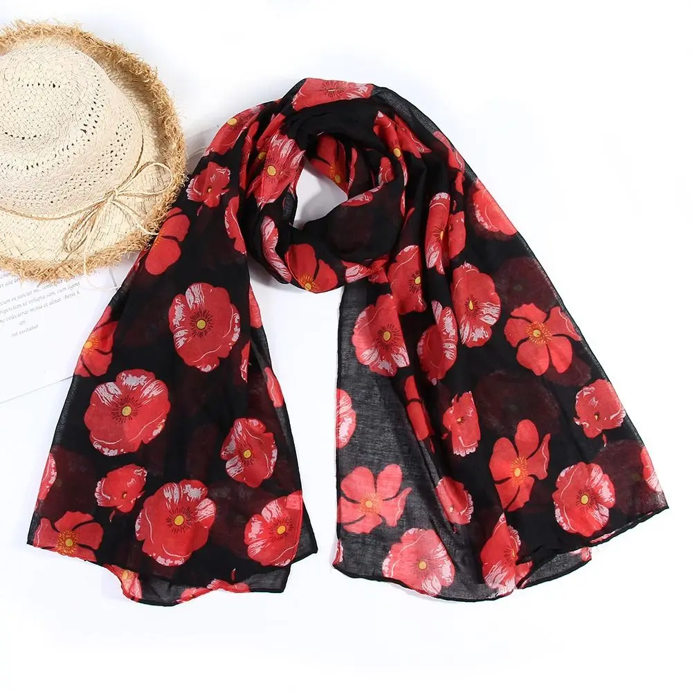 Soft Colorful Poppy Print Scarf Cotton Voile 180*90cm Poppy Floral Shawl Breathable Smooth Poppies Floral Wrap for Women Ladies