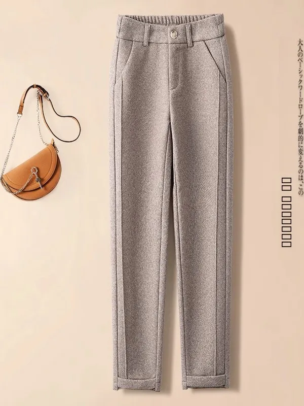 

Зимние утепленные шерстяные брюки-костюмные для женщин, с высокой талией, прямые, в стиле Harlan, корейский стиль, для повседневной носки, модные