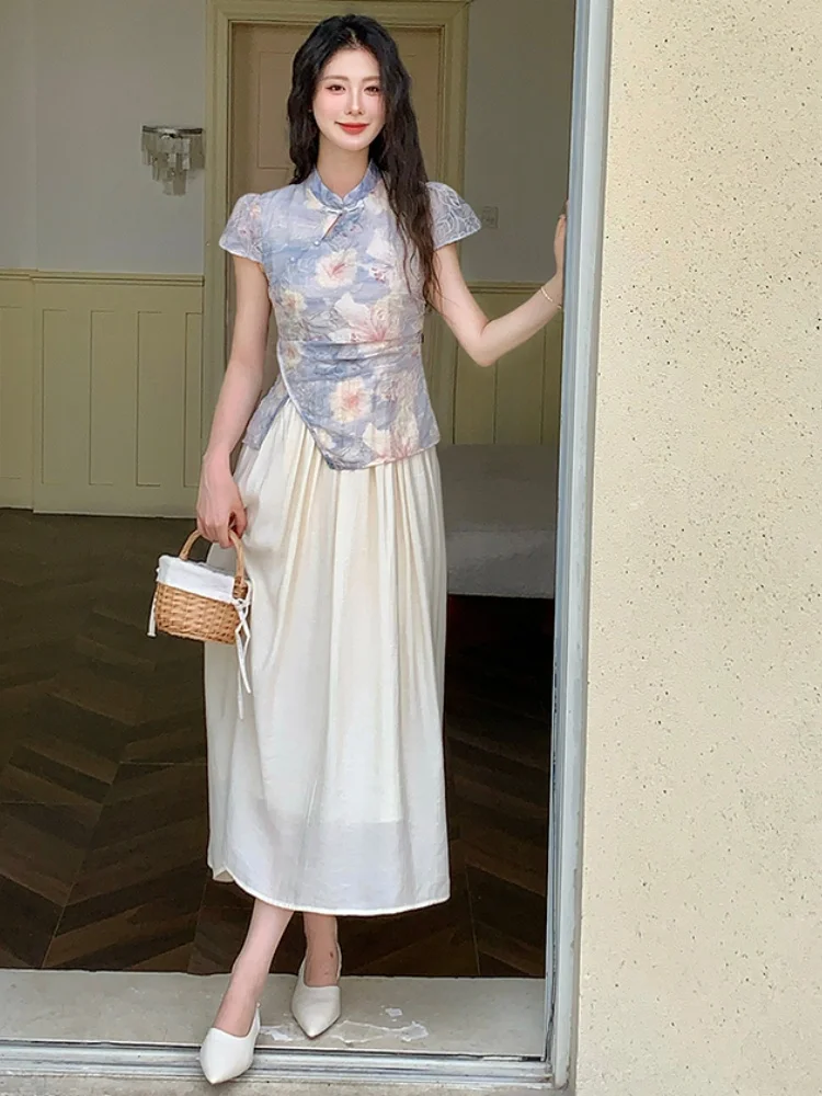 

SMTHMA новое платье Cheongsam в китайском стиле, женское летнее платье с воротником-стойкой и короткими рукавами, тонкой талией и принтом, Vestidos
