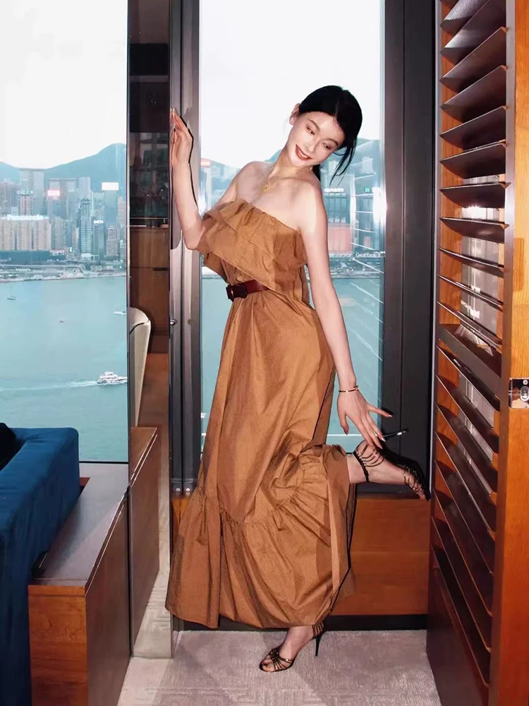 

2025 spring new ruffled cotton long strap dress Y2K holiday style casual temperament long dress