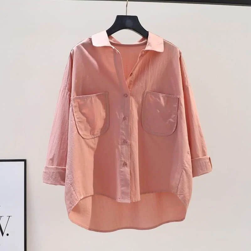 Blusa de manga comprida vintage com decote em polo feminina, tops de peito único, camisas sólidas, ajuste solto, casual, moda coreana, básico