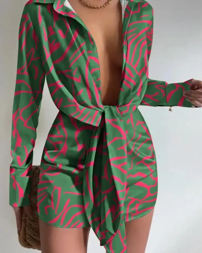 Abito camicia da donna a maniche lunghe con dettagli in pizzo stampato astratto, alla moda e casual, nuova collezione primavera/estate 2025