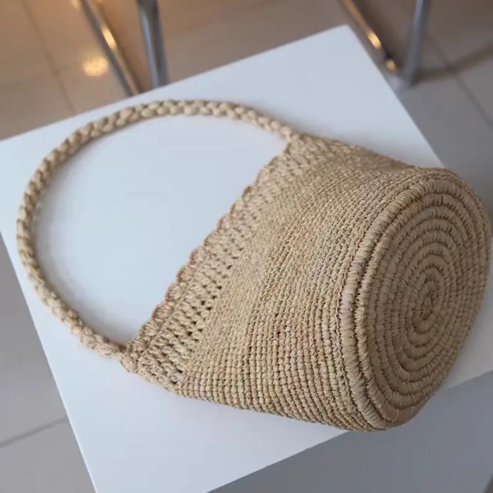 Handmade Crochet Straw Bucket Bag Bohemian Raffia Women Handbag Travel Beach Bag Summer Vacation Woven Shoulder Bags for Women