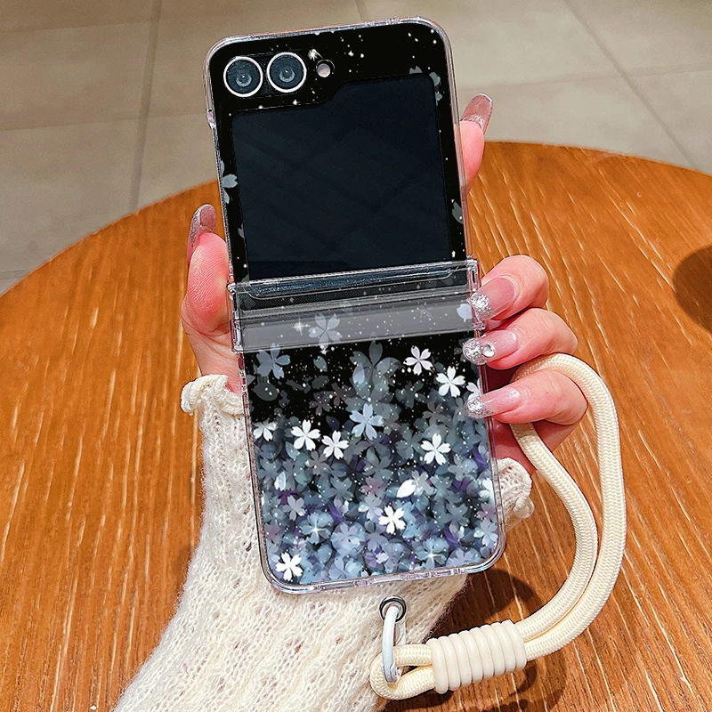 Kirschblüten-Lanyard-Handyhülle für Samsung Galaxy Z Flip 8 7 FE 6 5 4 3 5G Faltbare Hartschalen-Klarhülle für Samsung Z Flip7 Flip6