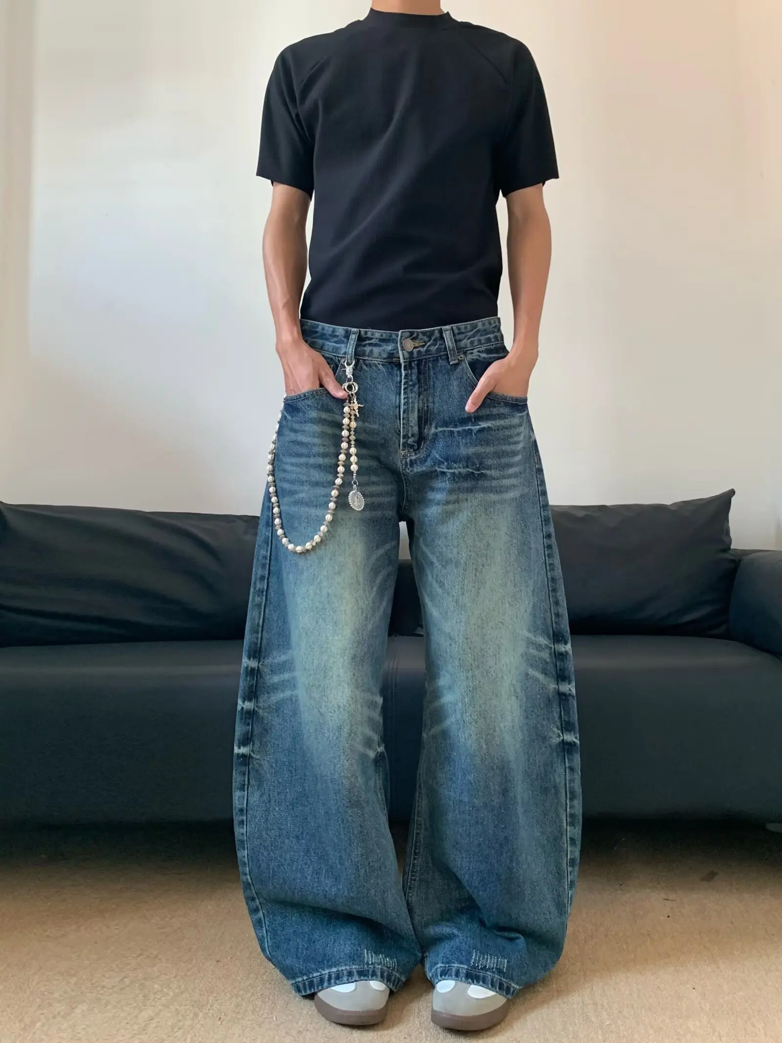 

Women's Pants New Men's Jeans Oversized Wide Leg Pants Loose Vintage Patchwork Lightning Cracked Denim Trousers Streetwear Male