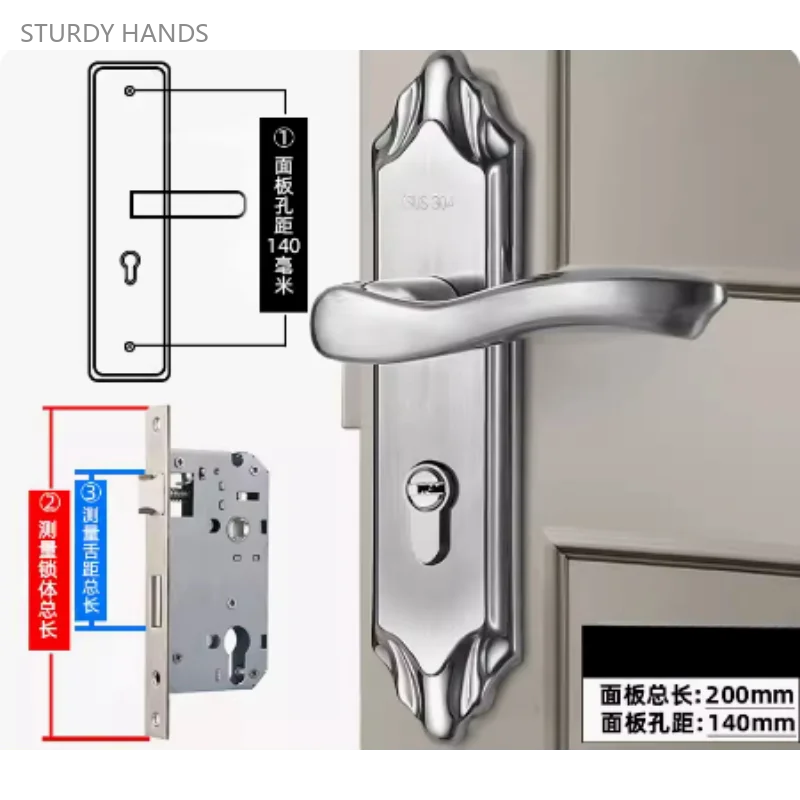 1 set of stainless steel panel bedroom door lock old-fashioned room solid wood door lock handle lock set including key