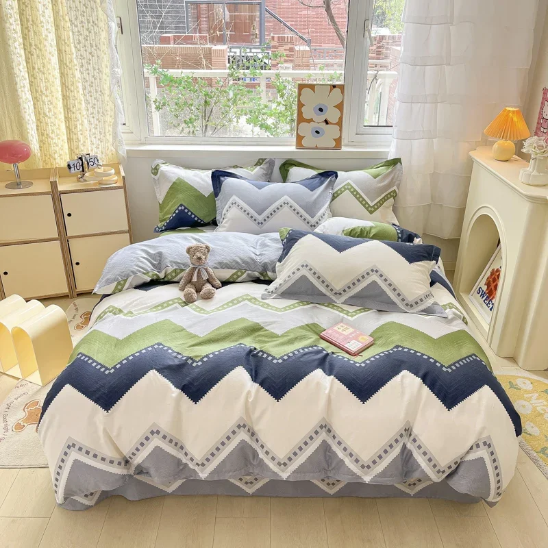 Navy Blue Striped Cotton Duvet Cover Gray White Chevron Patterned Duvet Covers with Zipper Ties Reversible Geometric Bedding Set