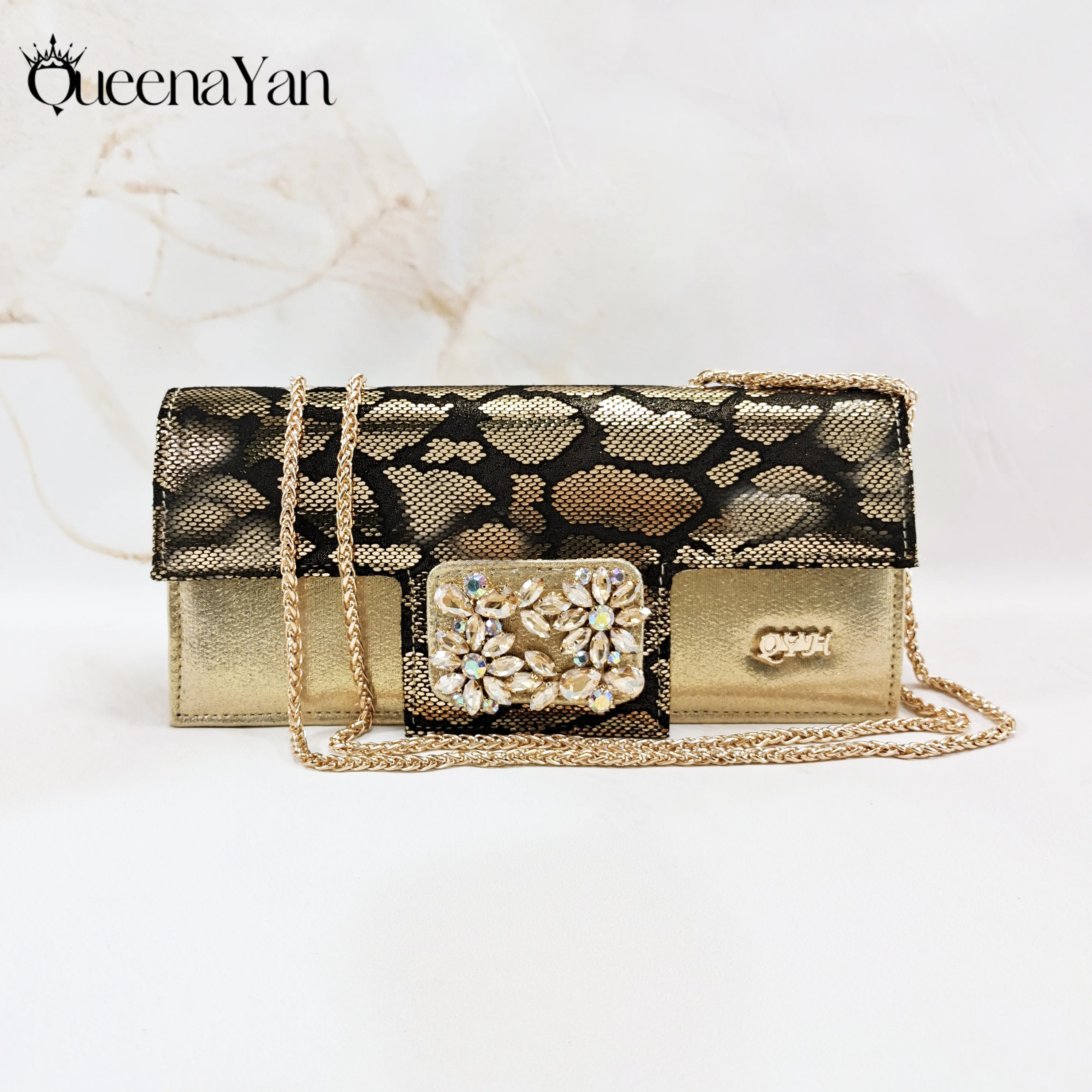 Queena Yan 2025 Newst Italian Design Butter-fly  Party Wedding Pointed Toe Slingback Sandals with Bag Set in Gold Color