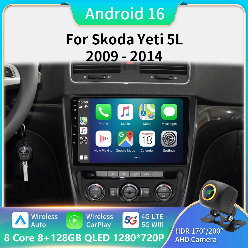 

For Skoda Yeti 5L 2009 2010 2011 2012 2013 2014 10 Inch 8-Core Android 16 Car Radio Stereo with Frame Auto Apple Carplay QLED