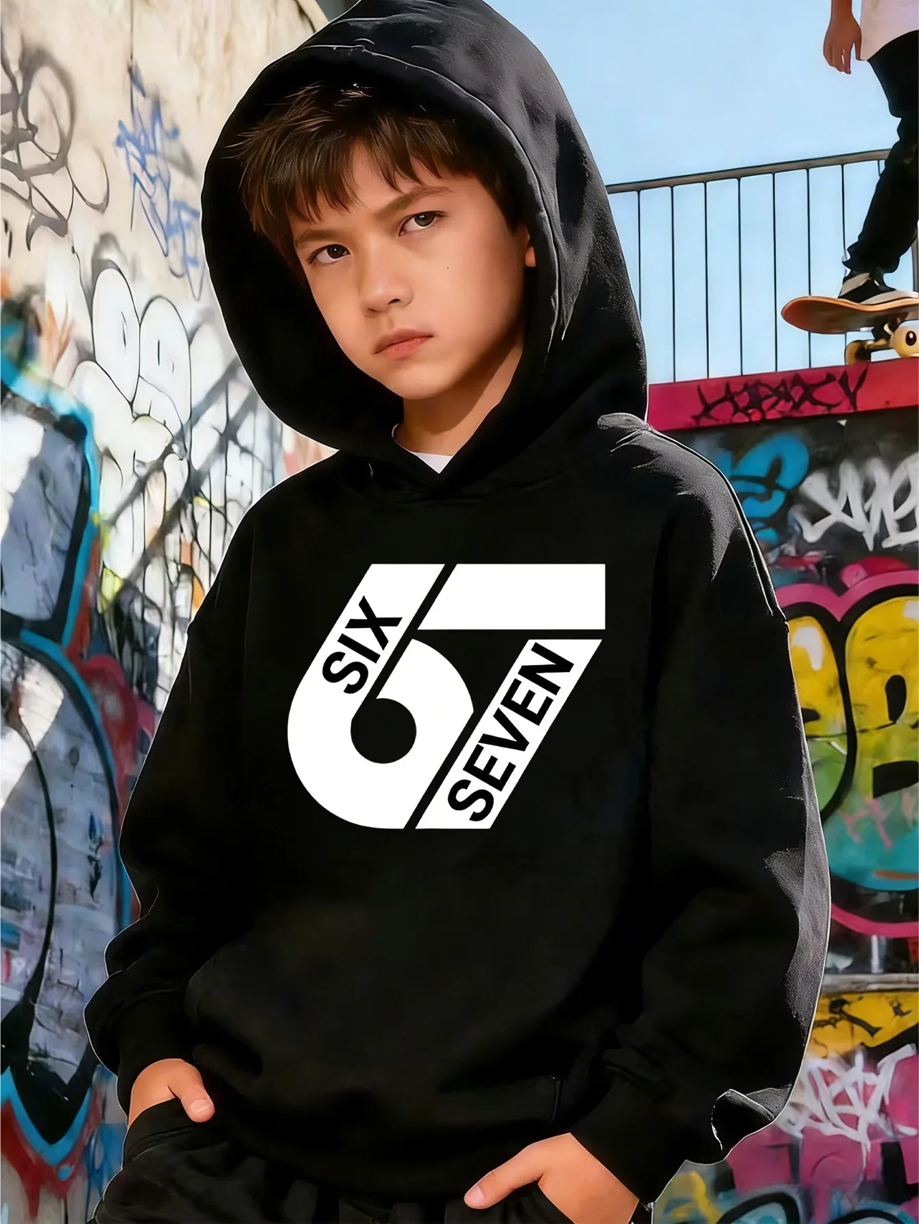 Kids Boys Girls Number 67 Graphic Hoodie Black Printed Six Seven Sweatshirt School Clothes Birthday Present Autumn Tops