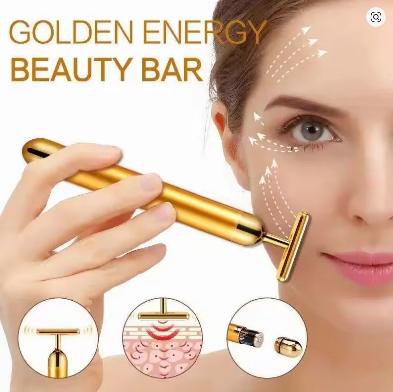 Massageador Facial Vibratório de Ouro 24K do Brasil para Firmeza e Rejuvenescimento da Pele, com Pulso de Beleza para Lifting e Redução de Rugas