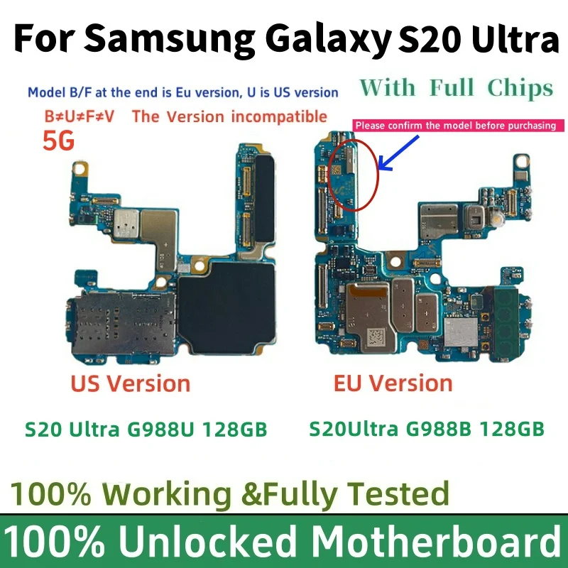 Placa lógica completamente desbloqueada para Samsung Galaxy S20 Ultra 5G G988U G988B, placa base con Chips completos, placa base transparente con bloqueo de Google