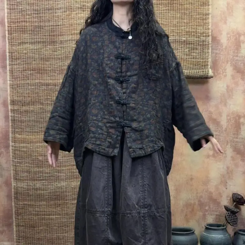 Spring Autumn Arts Style Women Batwing Sleeve Stand Collar Print Jackets Vintage Single Breasted Loose Coats High Quality S452