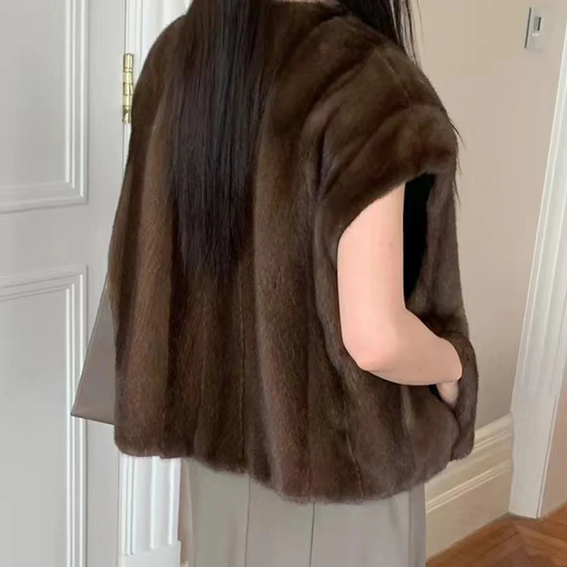 Luxury Mink Fur Vest For Women Imported Whole Piece Fur Dropped Shoulder Sleeveless  Jacket Women Vertical Bar V-neck Fourrure